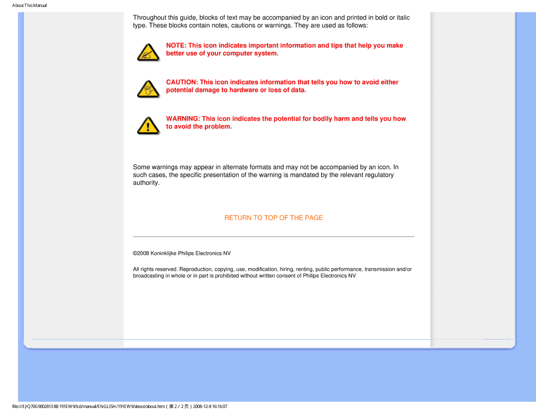 Philips 191EW9FB/27 user manual Return to TOP 