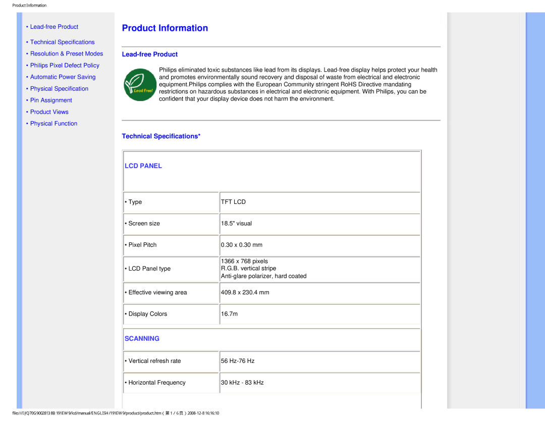 Philips 191EW9FB/27 user manual Lead-free Product, Technical Specifications 