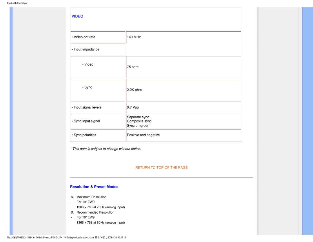 Philips 191EW9FB/27 user manual Video, Resolution & Preset Modes 