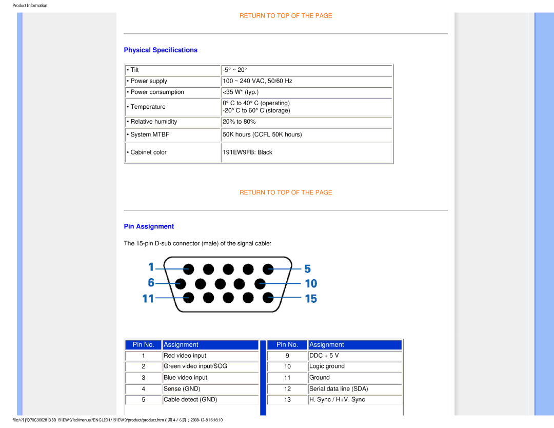 Philips 191EW9FB/27 user manual Physical Specifications, Pin Assignment 