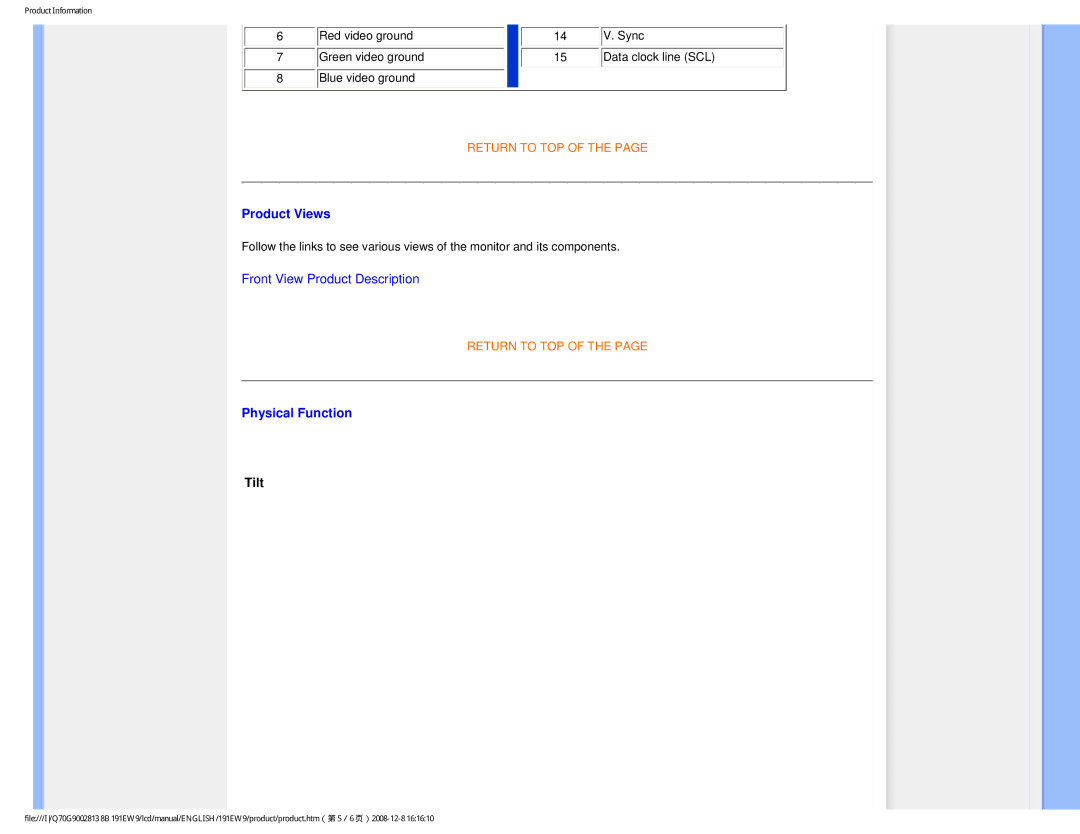 Philips 191EW9FB/27 user manual Product Views, Physical Function, Tilt 