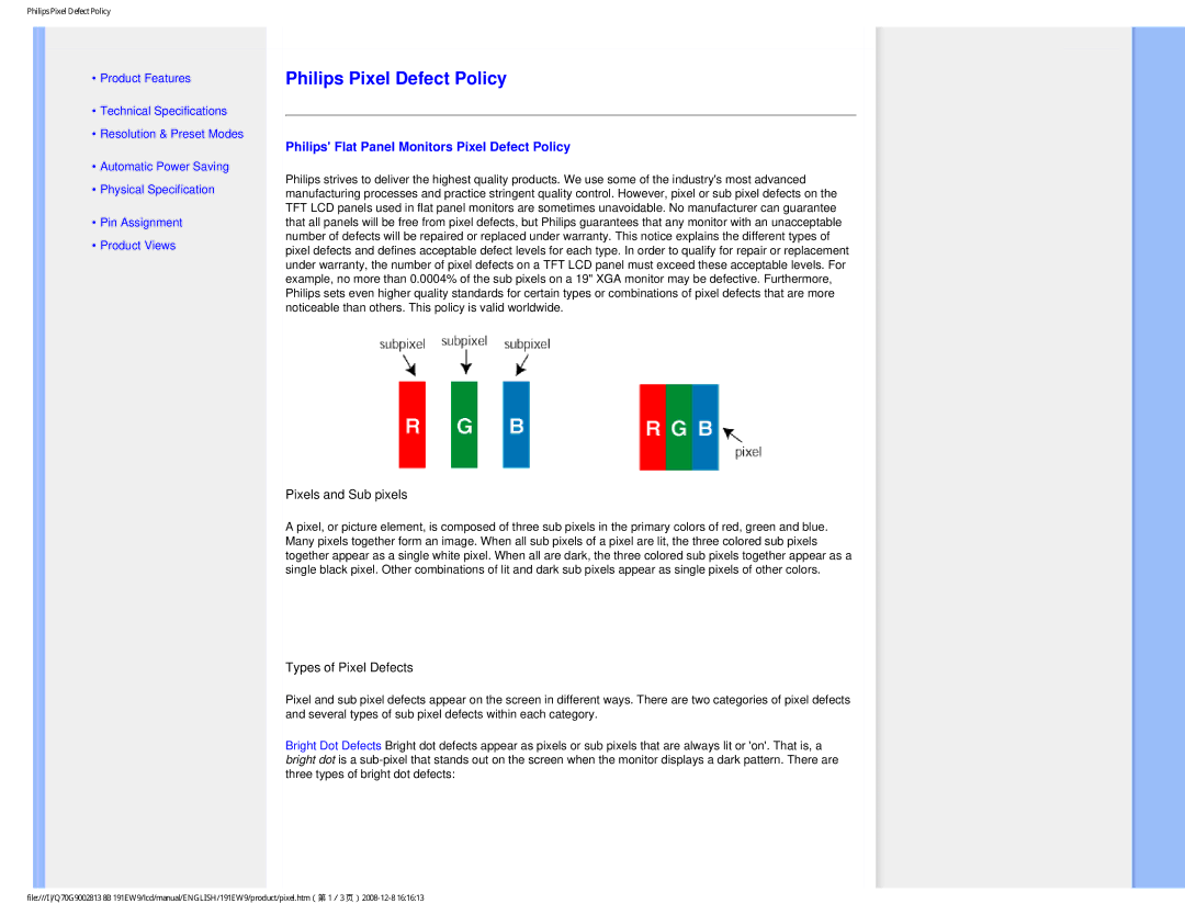 Philips 191EW9FB/27 user manual Philips Pixel Defect Policy, Philips Flat Panel Monitors Pixel Defect Policy 