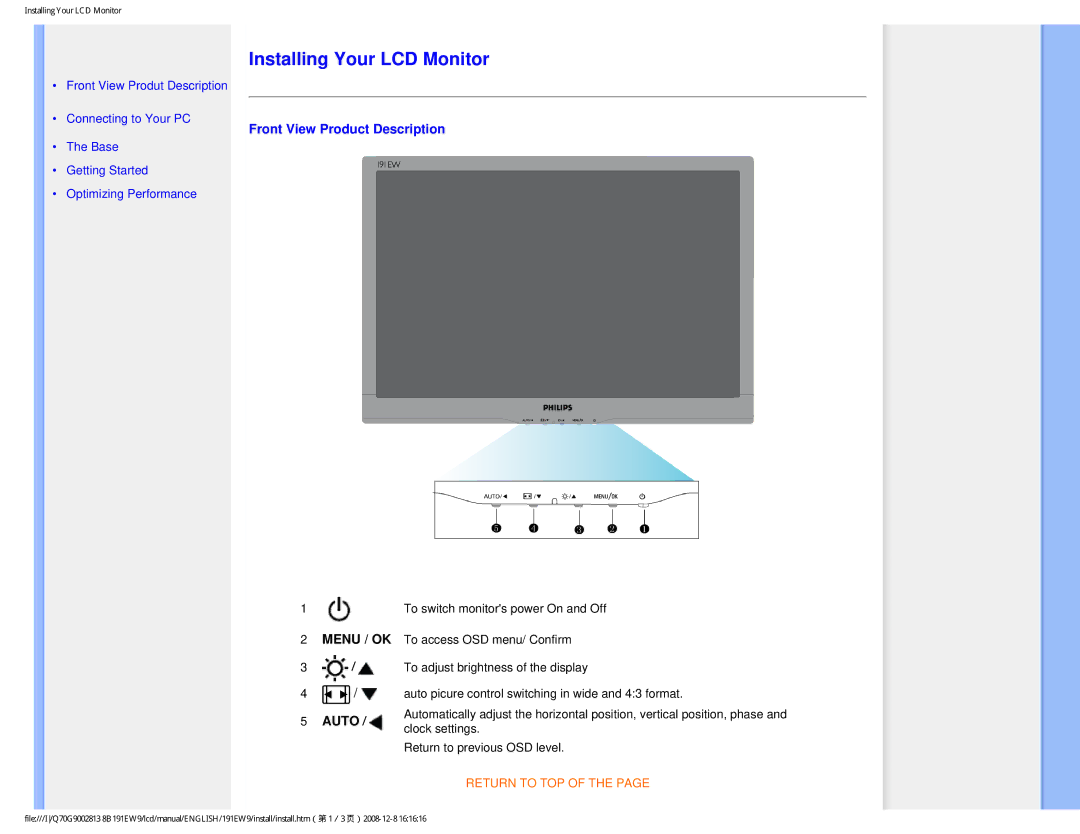 Philips 191EW9FB/27 user manual Front View Product Description, Auto 