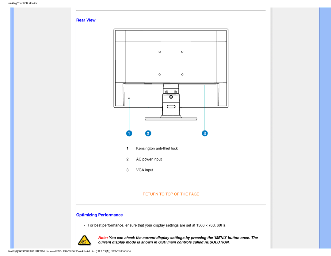 Philips 191EW9FB/27 user manual Rear View, Optimizing Performance 