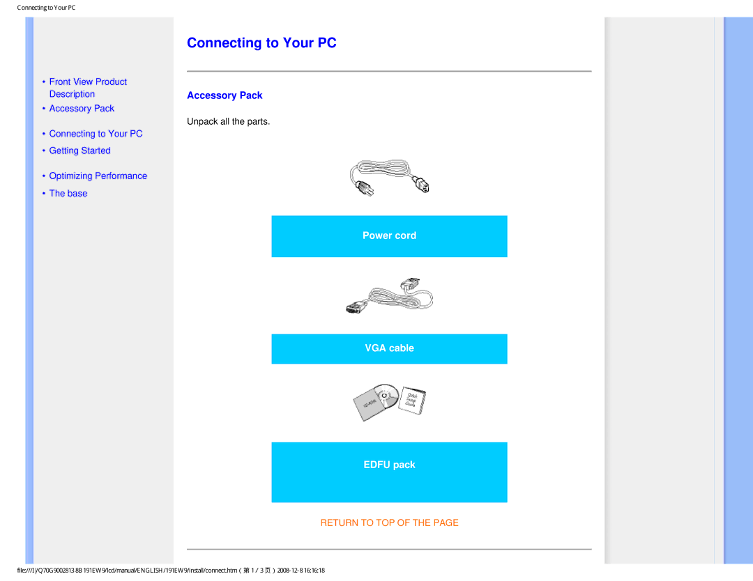 Philips 191EW9FB/27 user manual Connecting to Your PC, Accessory Pack 