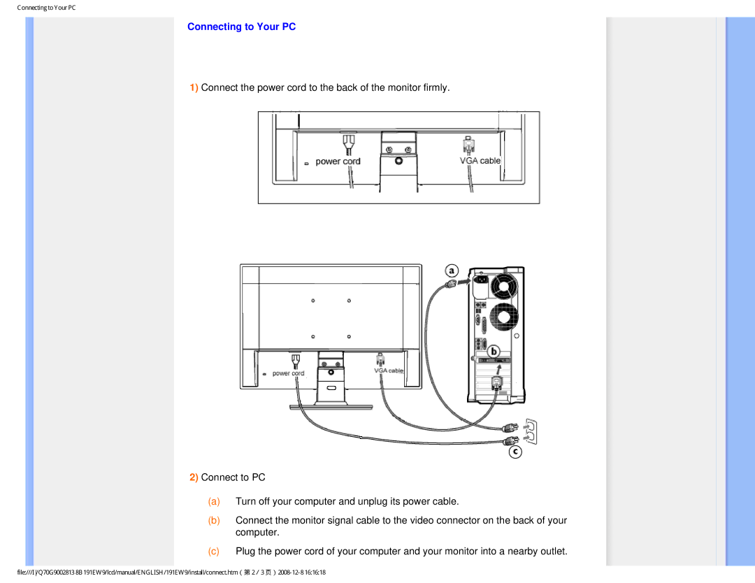 Philips 191EW9FB/27 user manual Connecting to Your PC 