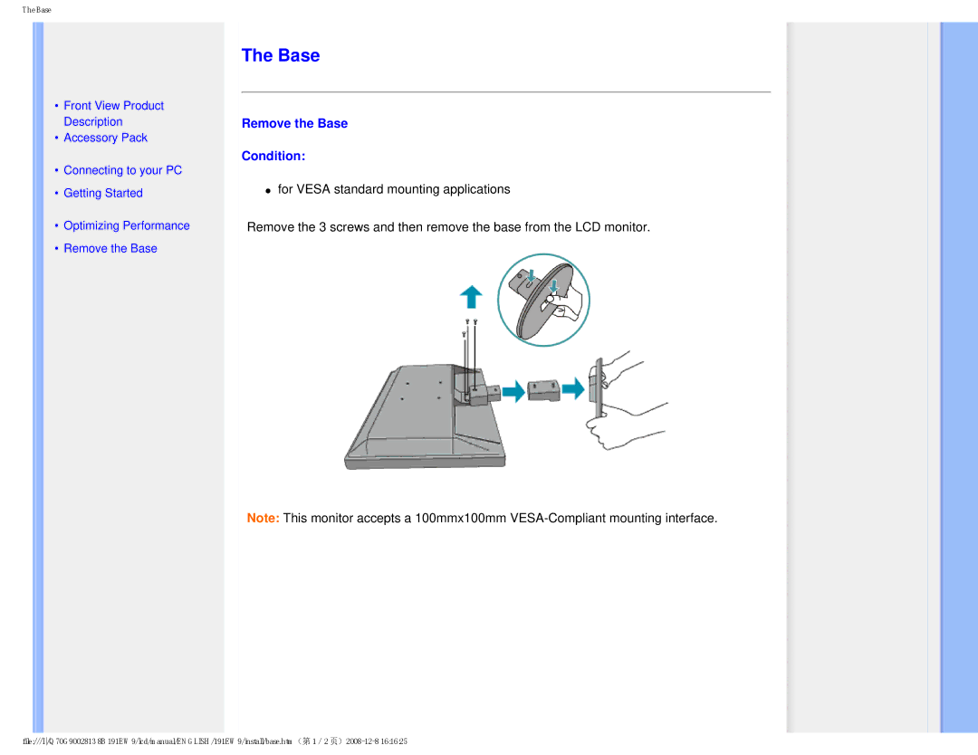 Philips 191EW9FB/27 user manual Remove the Base Condition 