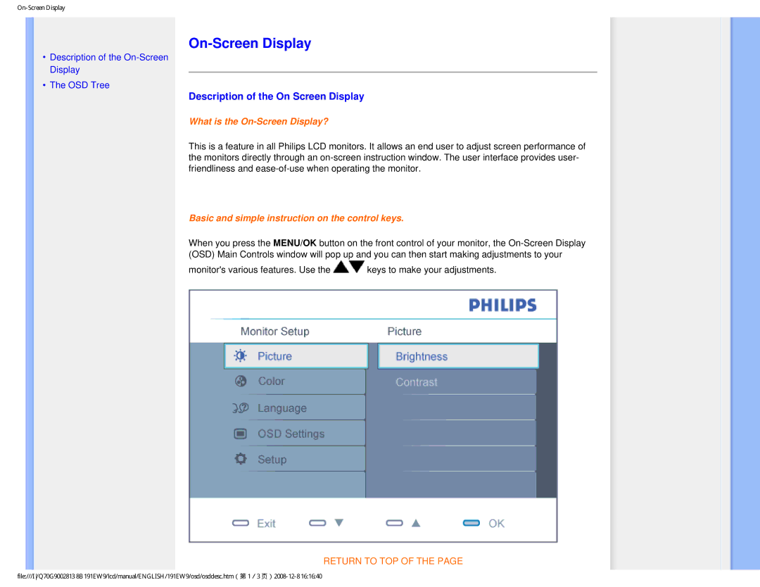 Philips 191EW9FB/27 user manual On-Screen Display, Description of the On Screen Display 