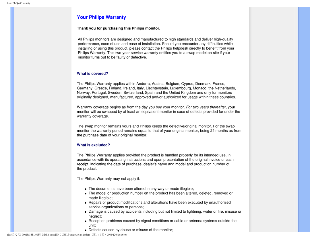 Philips 191EW9FB/27 user manual Your Philips Warranty, Thank you for purchasing this Philips monitor 