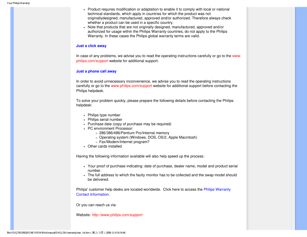 Philips 191EW9FB/27 user manual Just a click away Just a phone call away, Contact Information 