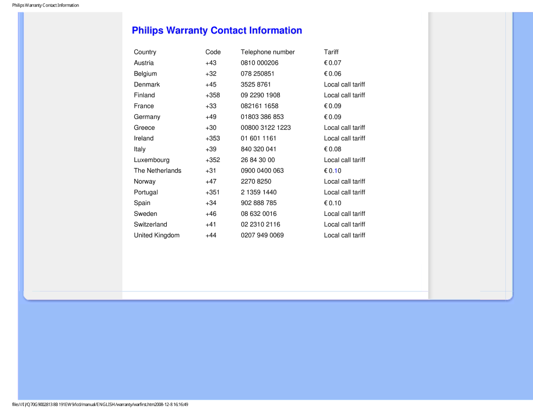 Philips 191EW9FB/27 user manual Philips Warranty Contact Information, United Kingdom +44 0207 949 