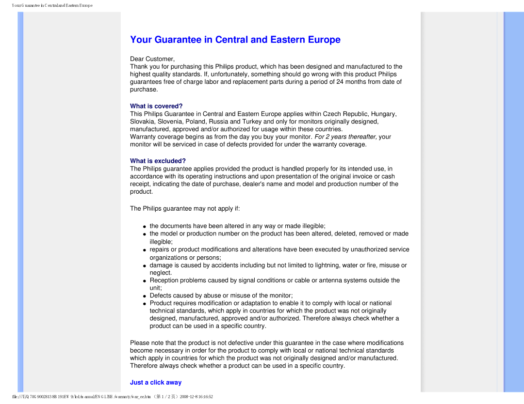 Philips 191EW9FB/27 user manual Your Guarantee in Central and Eastern Europe, Just a click away 