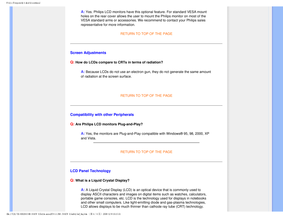 Philips 191EW9FB/27 user manual Screen Adjustments, Compatibility with other Peripherals, LCD Panel Technology 