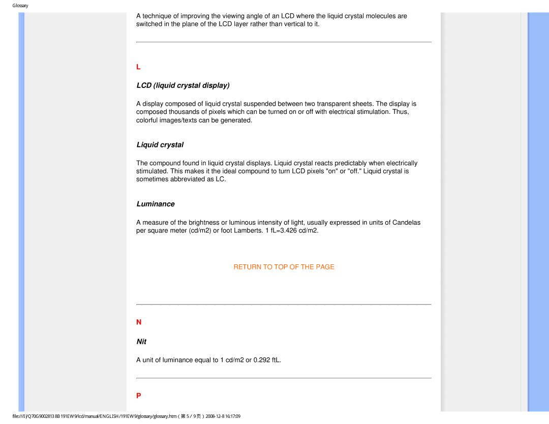 Philips 191EW9FB/27 user manual LCD liquid crystal display, Liquid crystal, Luminance, Nit 