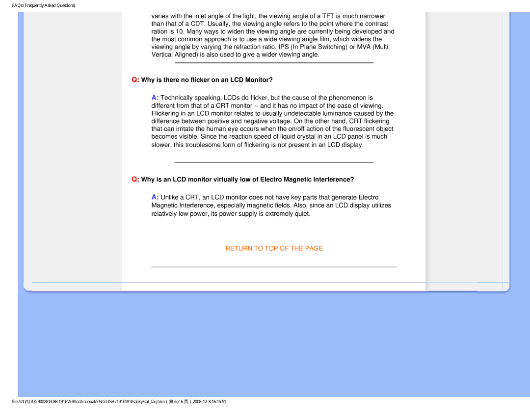 Philips 191EW9FB/27 user manual Why is there no flicker on an LCD Monitor? 