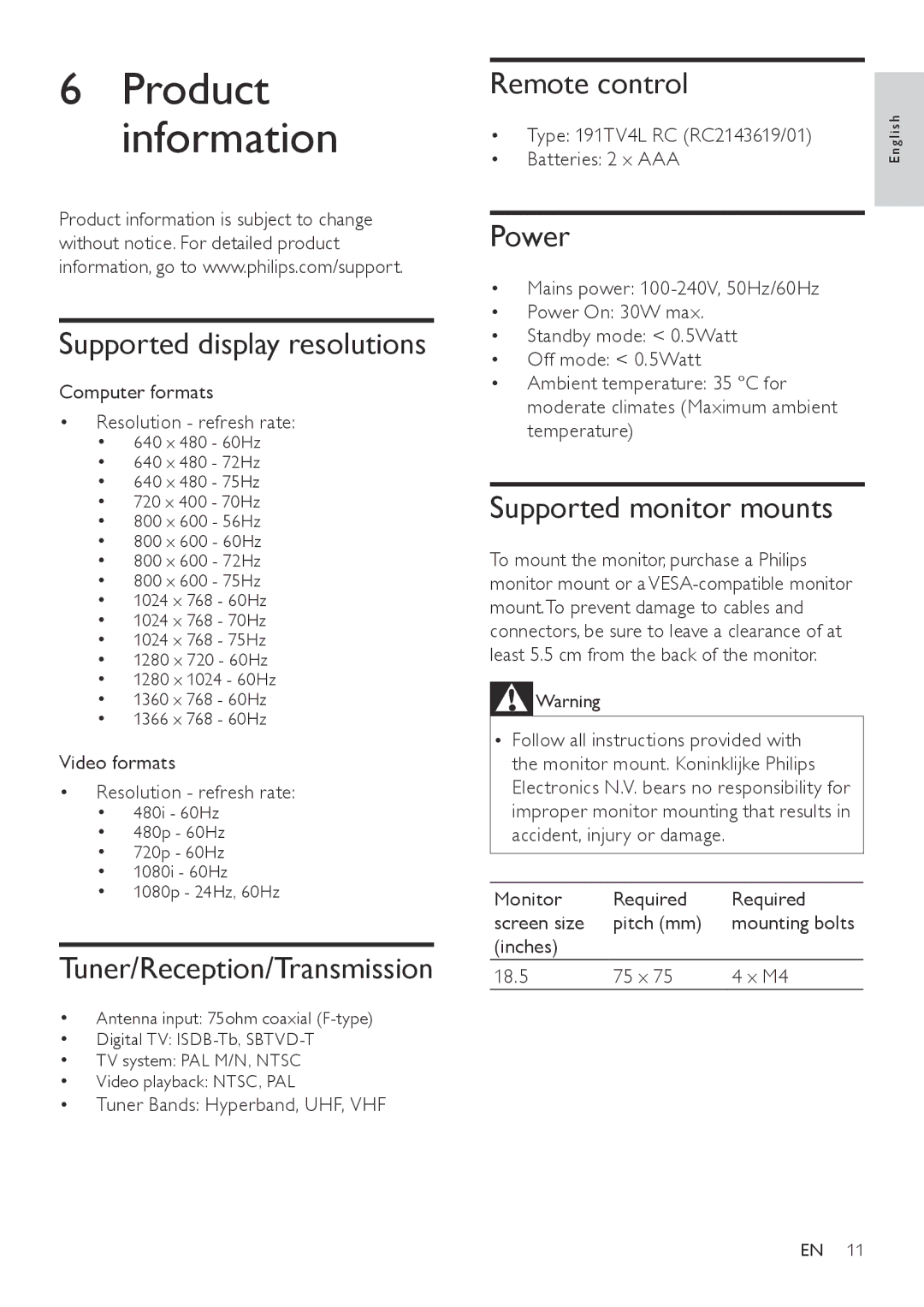 Philips 191TV4L user manual Product information, Supported display resolutions, Tuner/Reception/Transmission, Power 