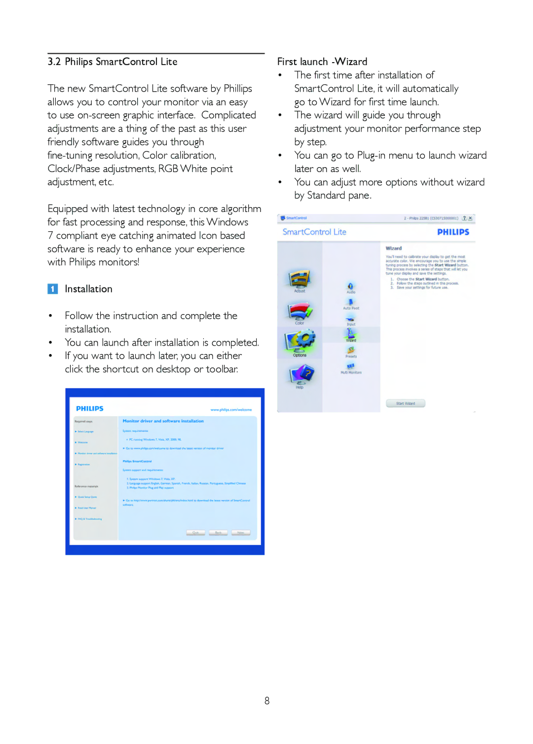 Philips 191V2SB/00 user manual Philips SmartControl Lite, First launch -Wizard 