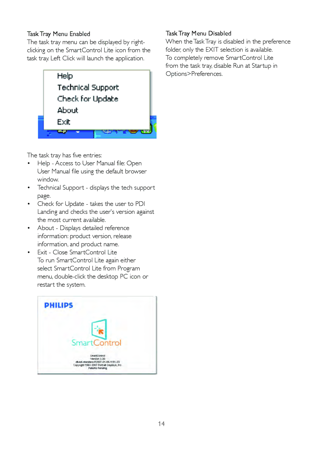 Philips 191V2SB/00 user manual Task Tray Menu Enabled, Exit Close SmartControl Lite, Task Tray Menu Disabled 