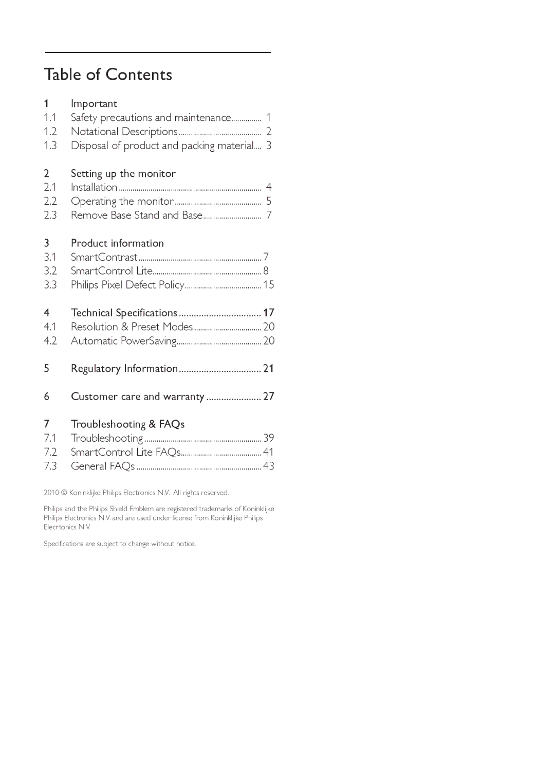 Philips 191V2SB/00 user manual Table of Contents 