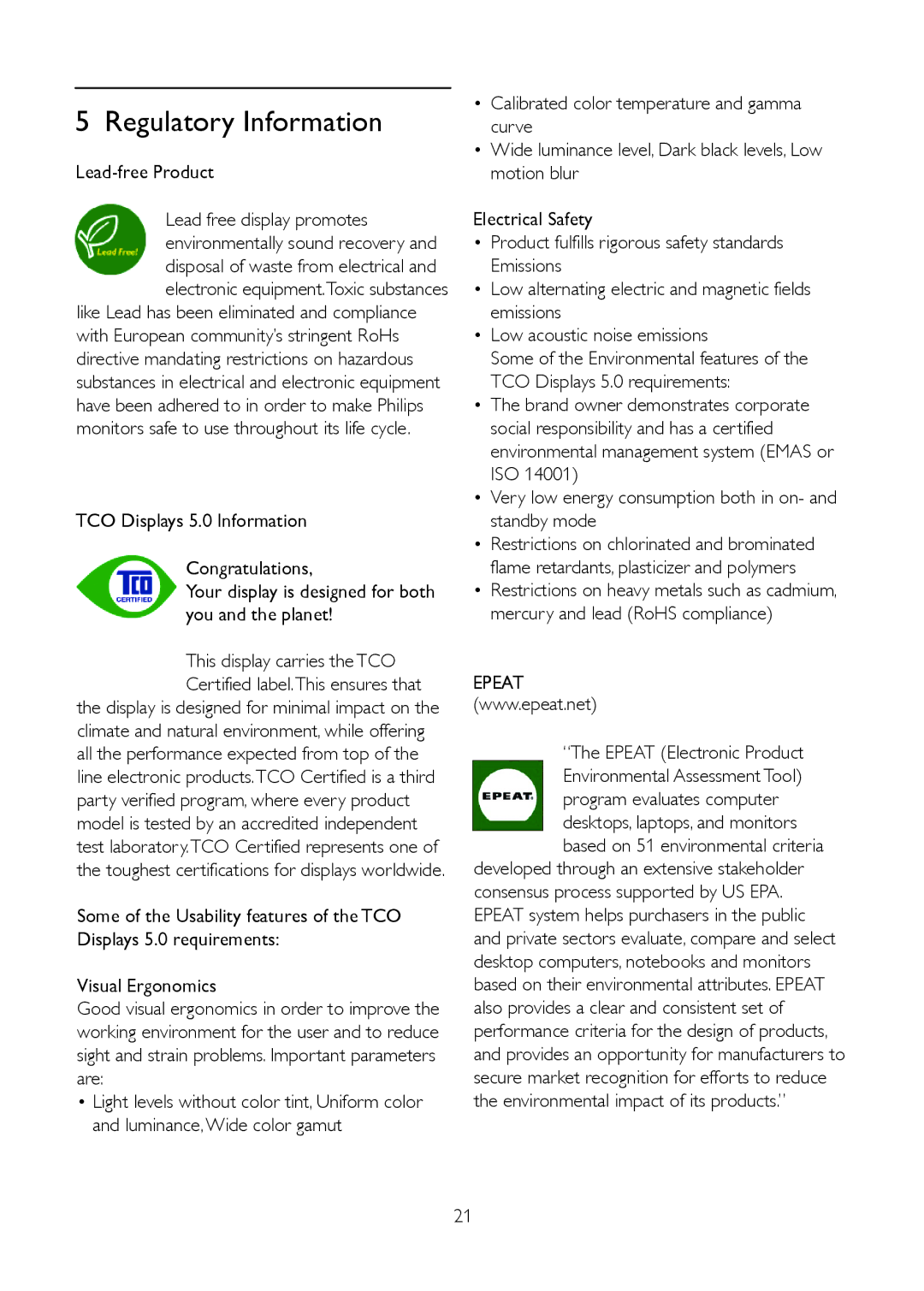 Philips 191V2SB/00 user manual Lead-free Product, Epeat Electronic Product 