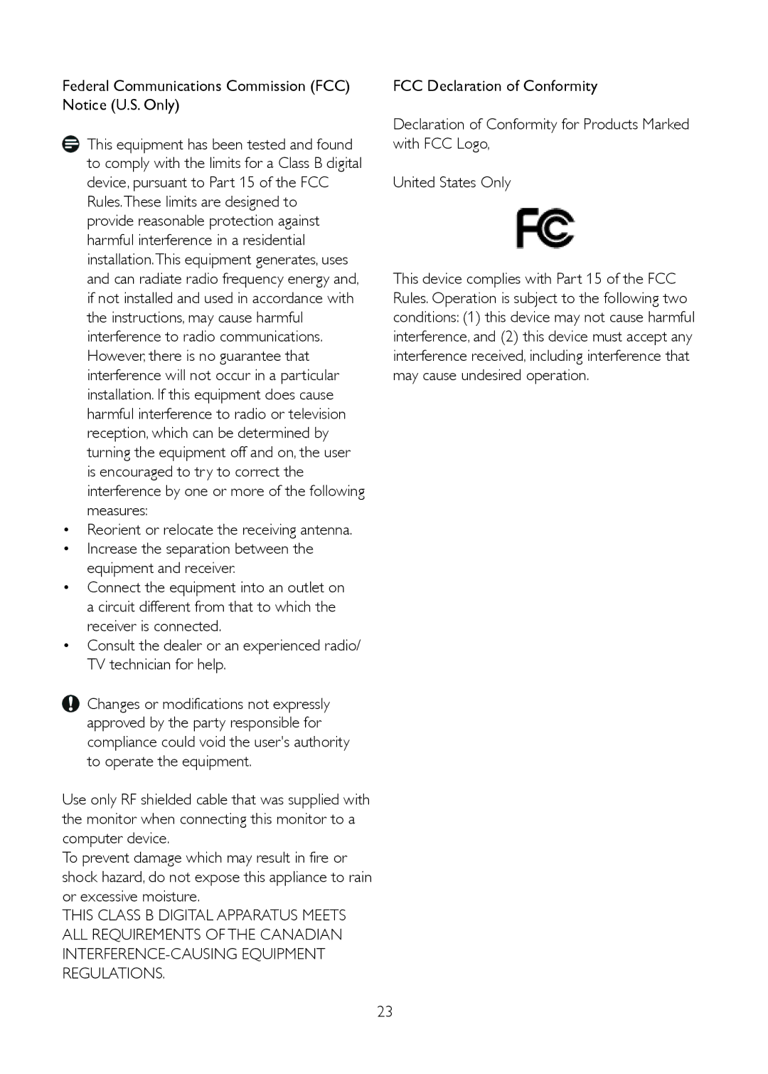 Philips 191V2SB/00 Federal Communications Commission FCC Notice U.S. Only, Reorient or relocate the receiving antenna 