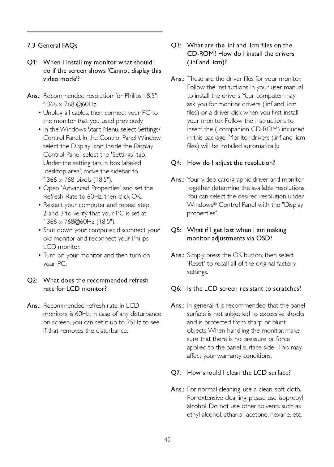 Philips 191V2SB/00 user manual 1366 x 768 pixels, Q7 How should I clean the LCD surface? 