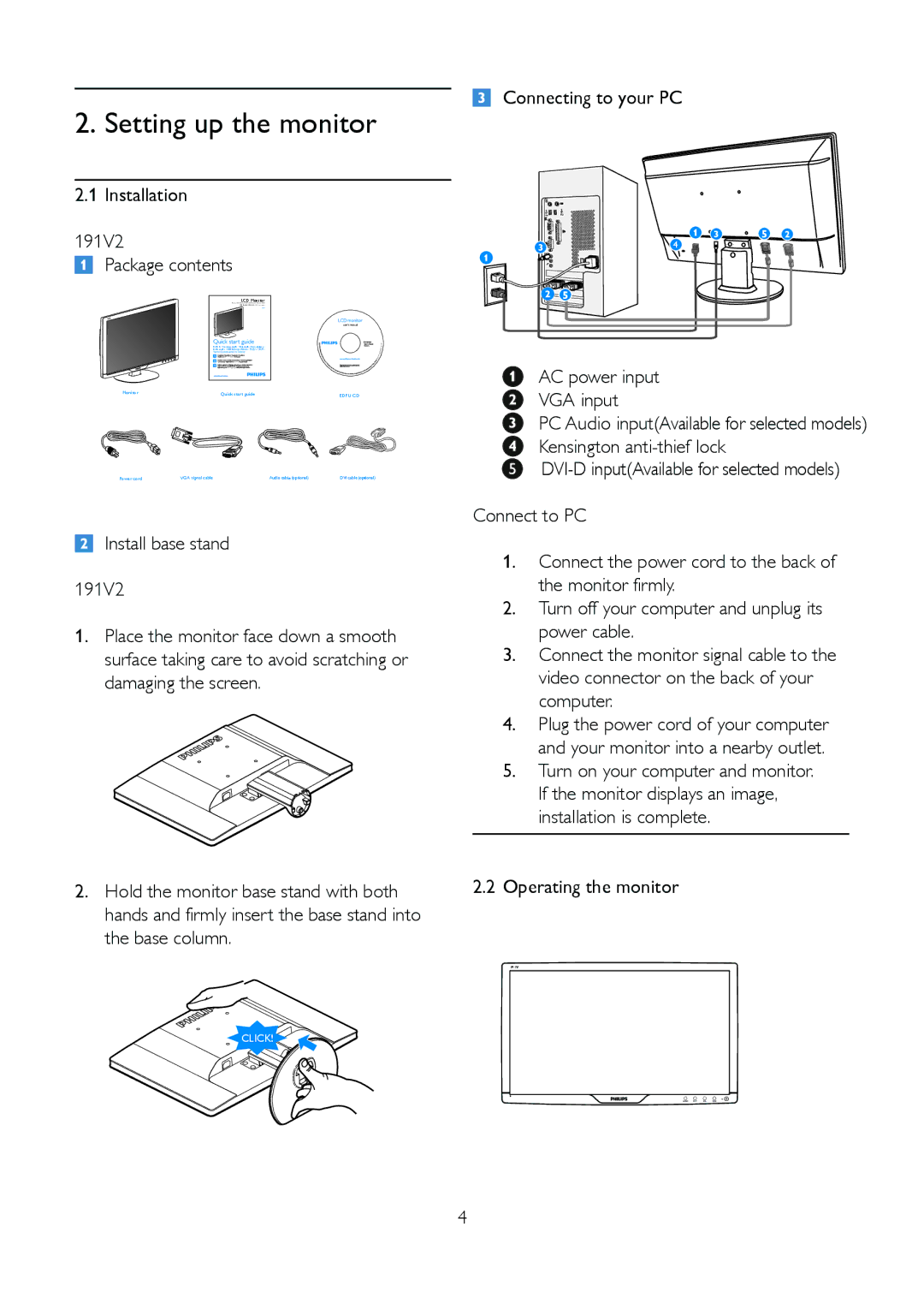 Philips 191V2SB/00 user manual Installation 191V2 Package contents, Operating the monitor 