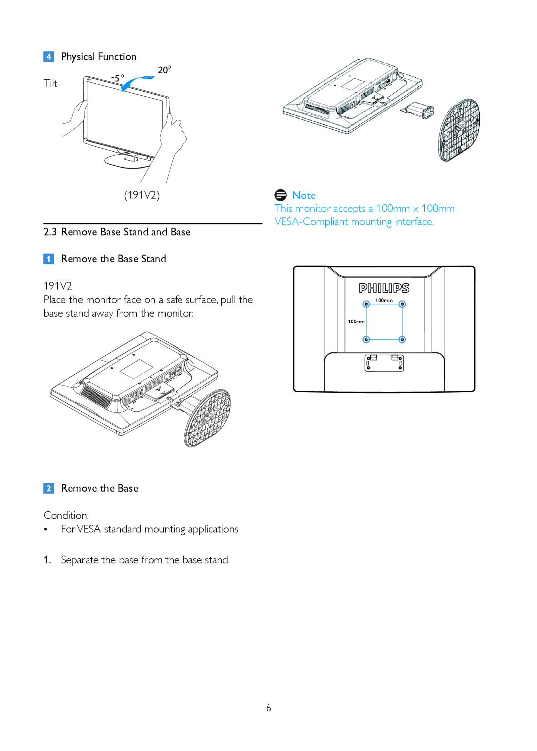 Philips 191V2SB/00 user manual Physical Function Tilt 191V2 