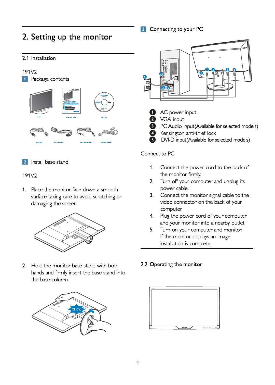 Philips 191V2 user manual Setting up the monitor 