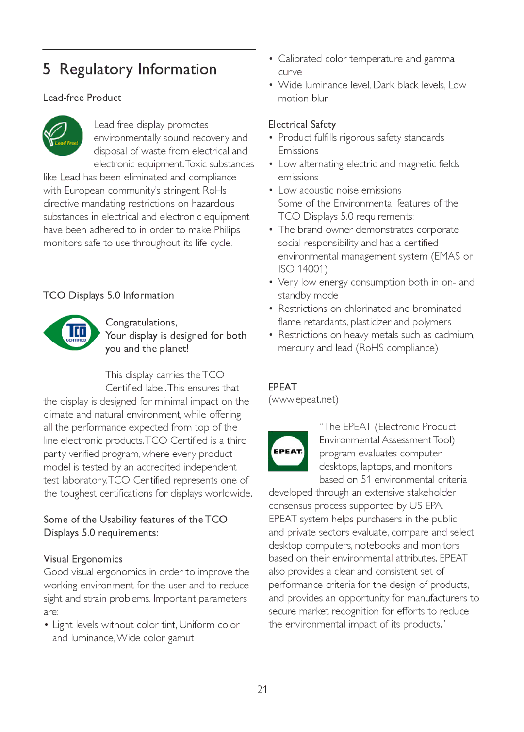 Philips 191V2 user manual Lead-free Product, Epeat Electronic Product 