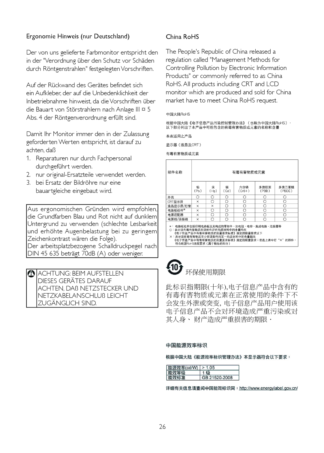 Philips 191V2 Ergonomie Hinweis nur Deutschland, Nur original-Ersatzteile verwendet werden, Achtung Beim Aufstellen 