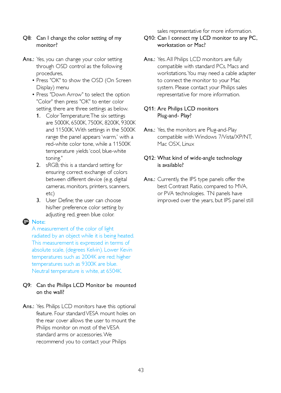 Philips 191V2 user manual Color TemperatureThe six settings, Q9 Can the Philips LCD Monitor be mounted on the wall? 