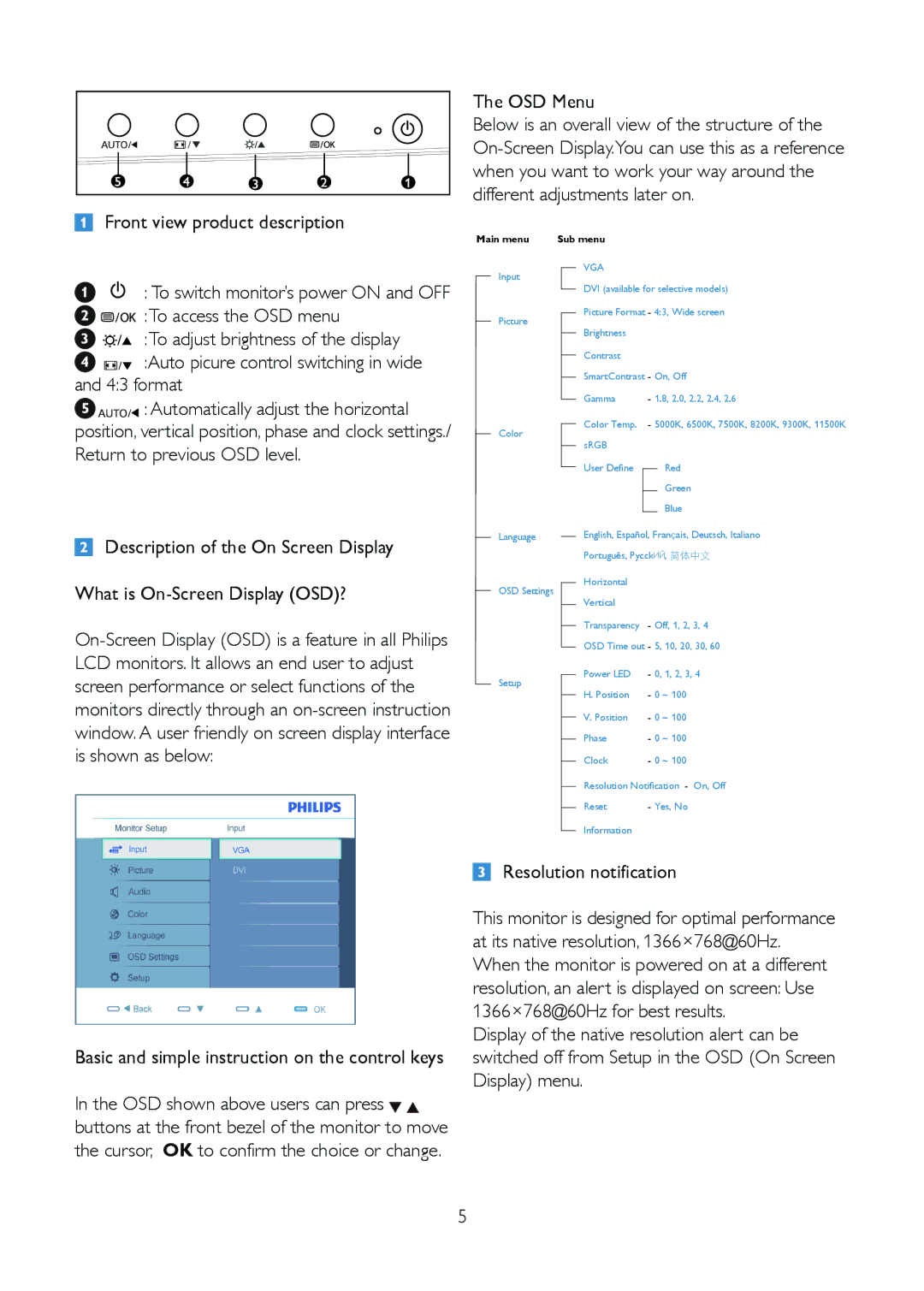 Philips 191V2 user manual Resolution notification, Main menu Sub menu 