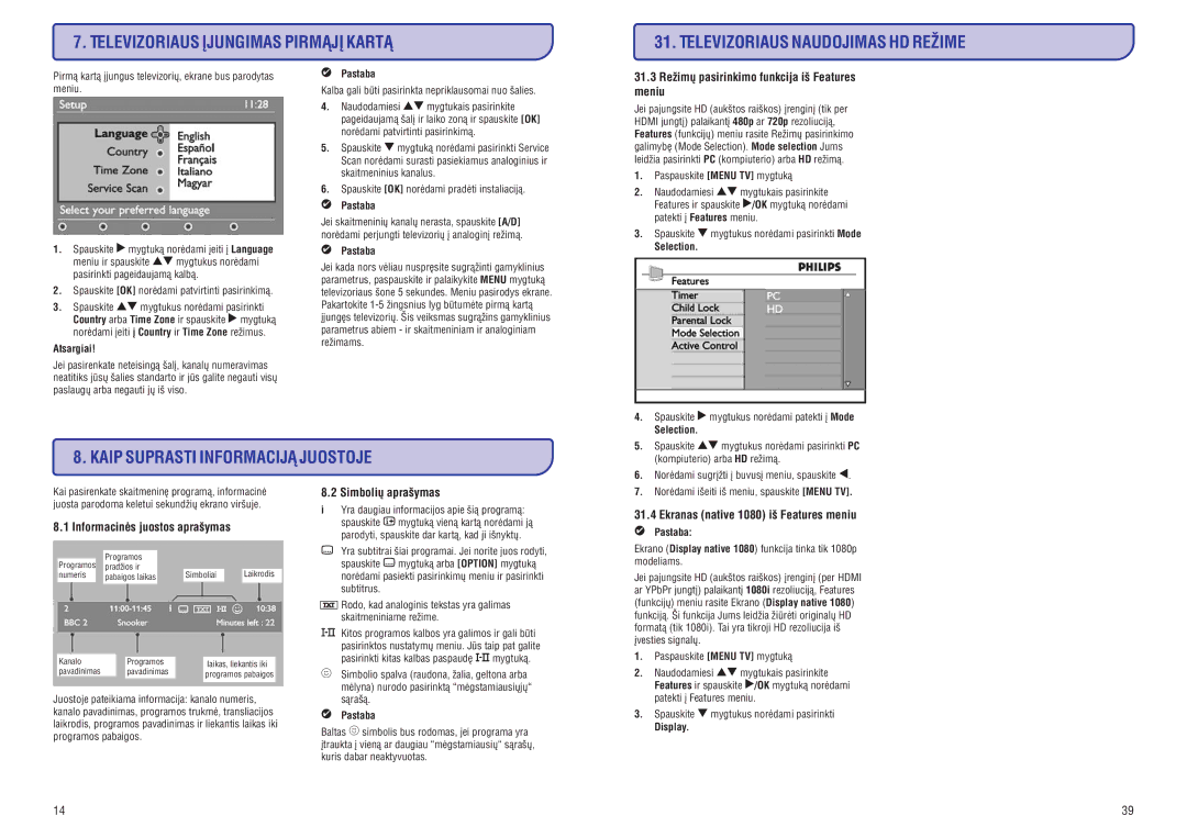 Philips 19/20/23/26/47PFL5522D manual Televizoriaus Ájungimas Pirmàjá Kartà, Kaip Suprasti Informacijà Juostoje, Meniu 