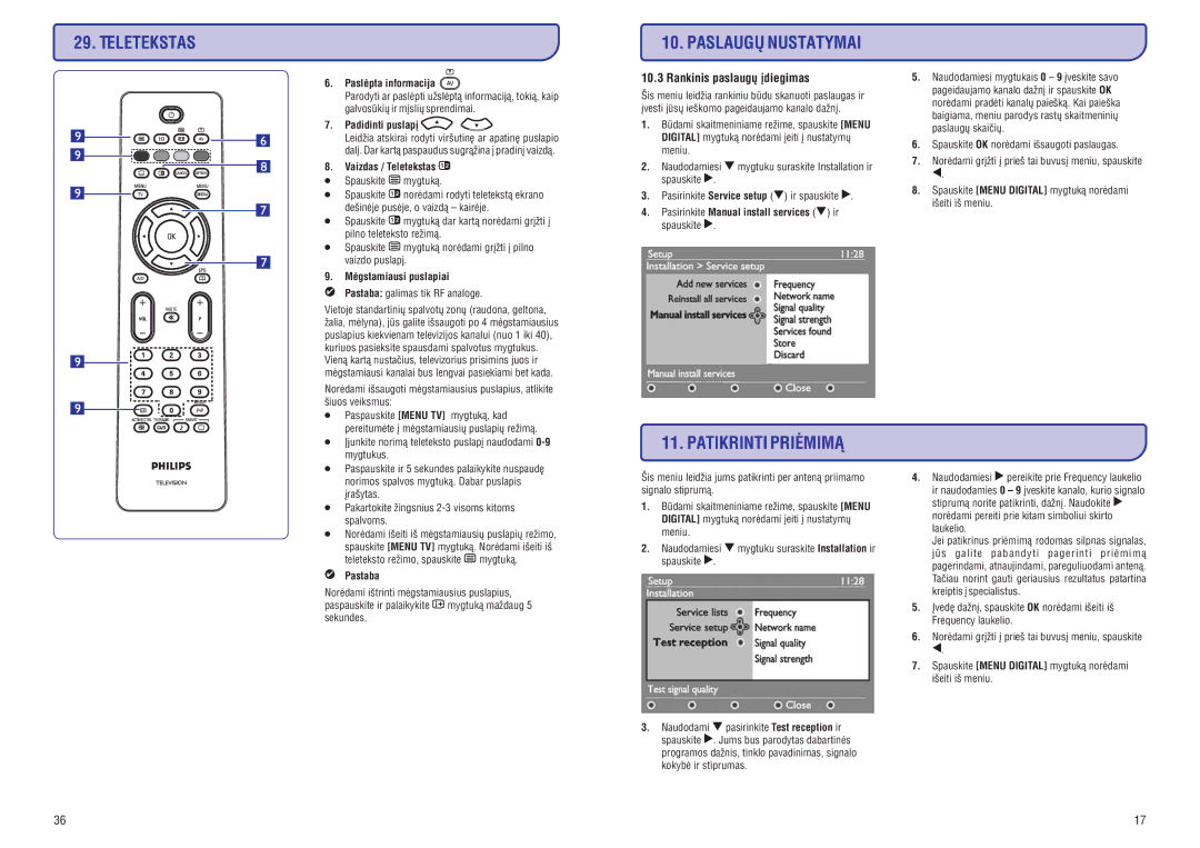 Philips 19/20/23/26/47PFL5522D manual Teletekstas, Paslaugø Nustatymai, Patikrinti Priëmimà, Rankinis paslaugø ádiegimas 