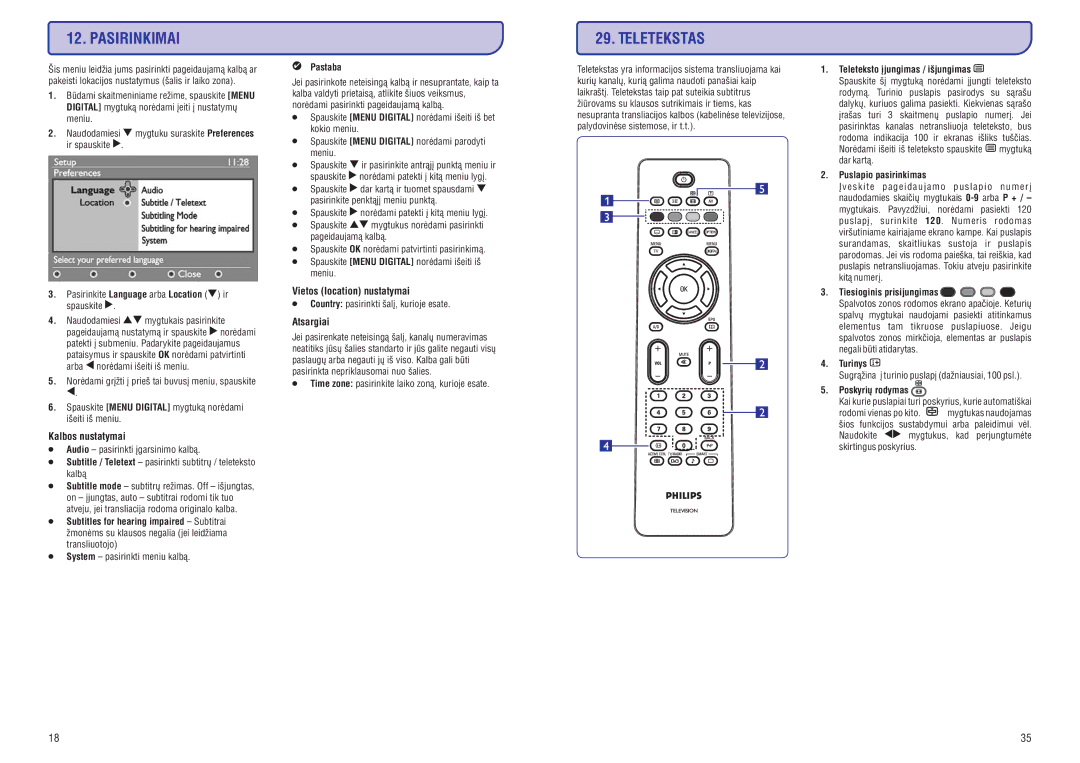 Philips 19/20/23/26/47PFL5522D manual Pasirinkimai, Kalbos nustatymai, Vietos location nustatymai, Atsargiai 