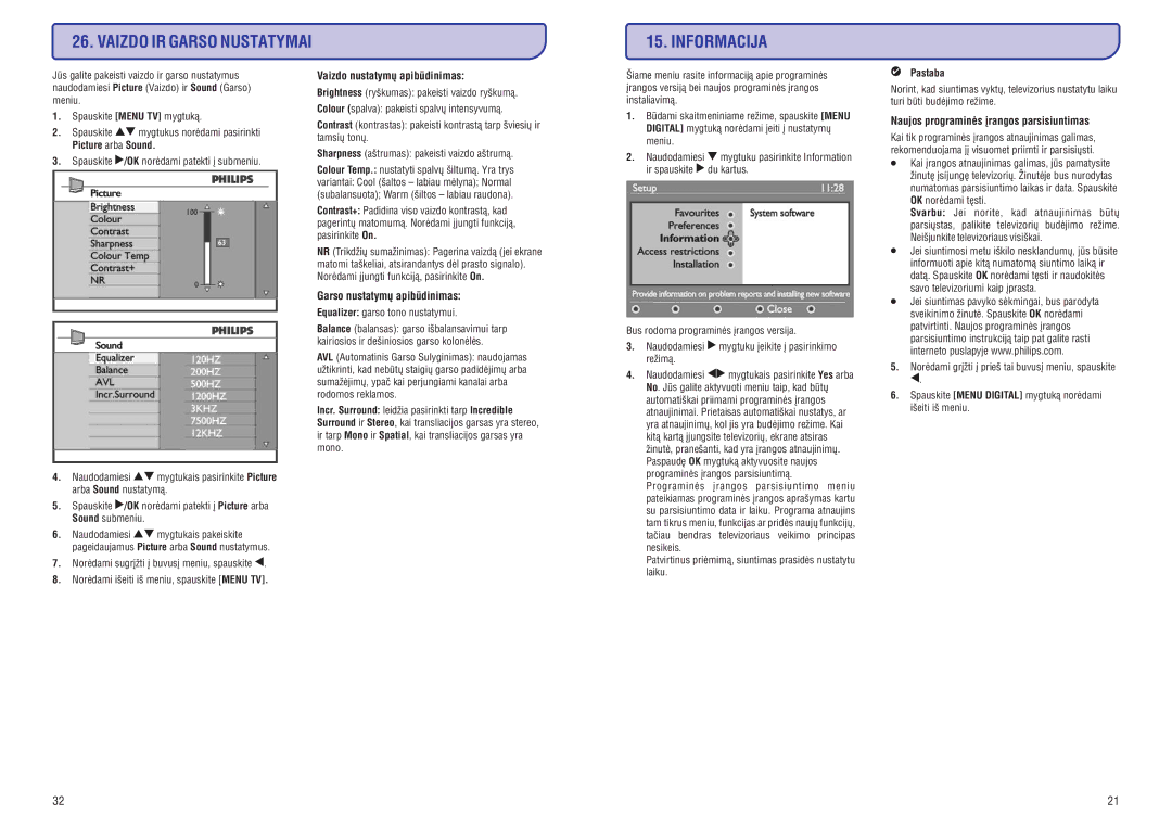 Philips 19/20/23/26/47PFL5522D manual Vaizdo IR Garso Nustatymai Informacija, Naujos programinës árangos parsisiuntimas 