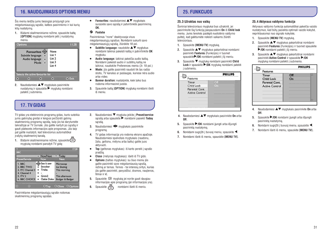 Philips 19/20/23/26/47PFL5522D manual Naudojimasis Options Meniu, TV Gidas, Aktyvaus valdymo funkcija, Off 