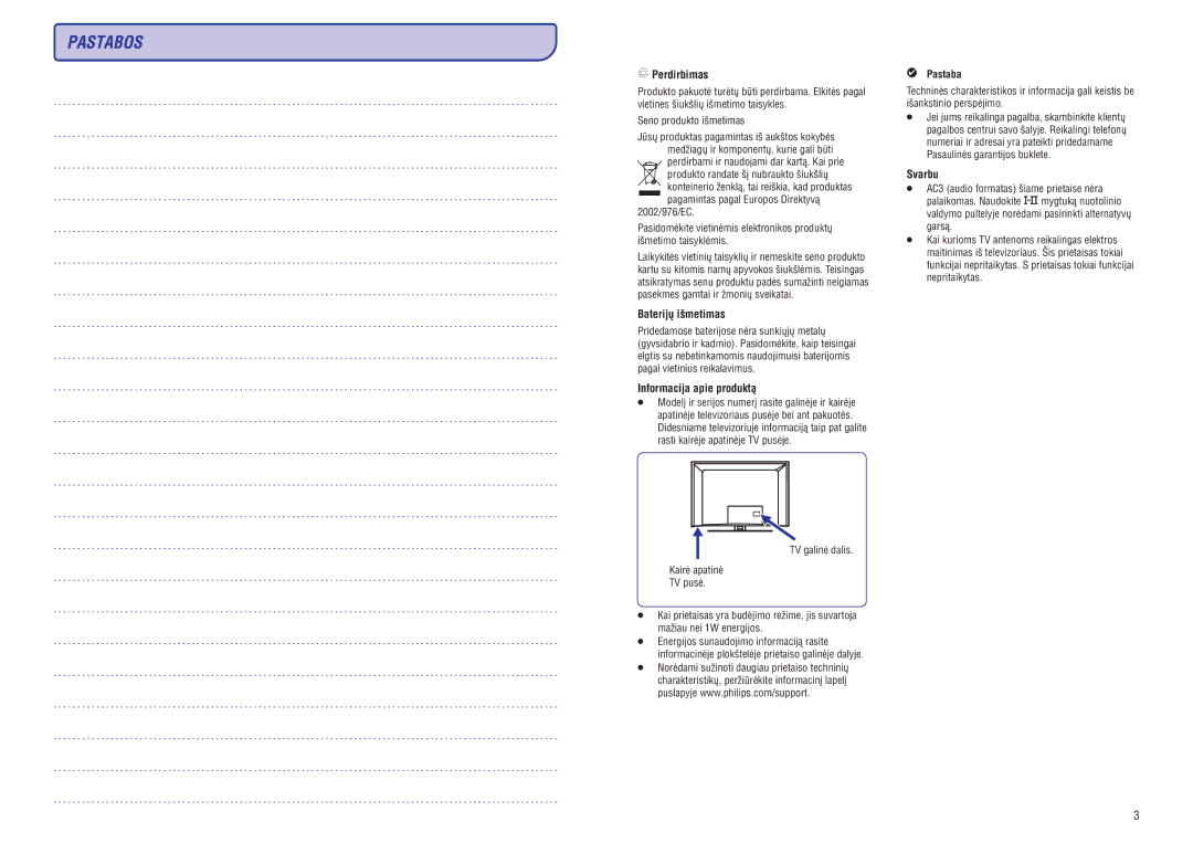 Philips 19/20/23/26/47PFL5522D manual Perdirbimas, Baterijø iðmetimas, Informacija apie produktà, Svarbu, Pastaba 