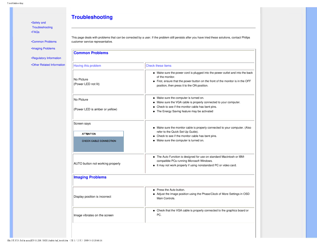 Philips 1.92E+03 user manual Common Problems, Imaging Problems 