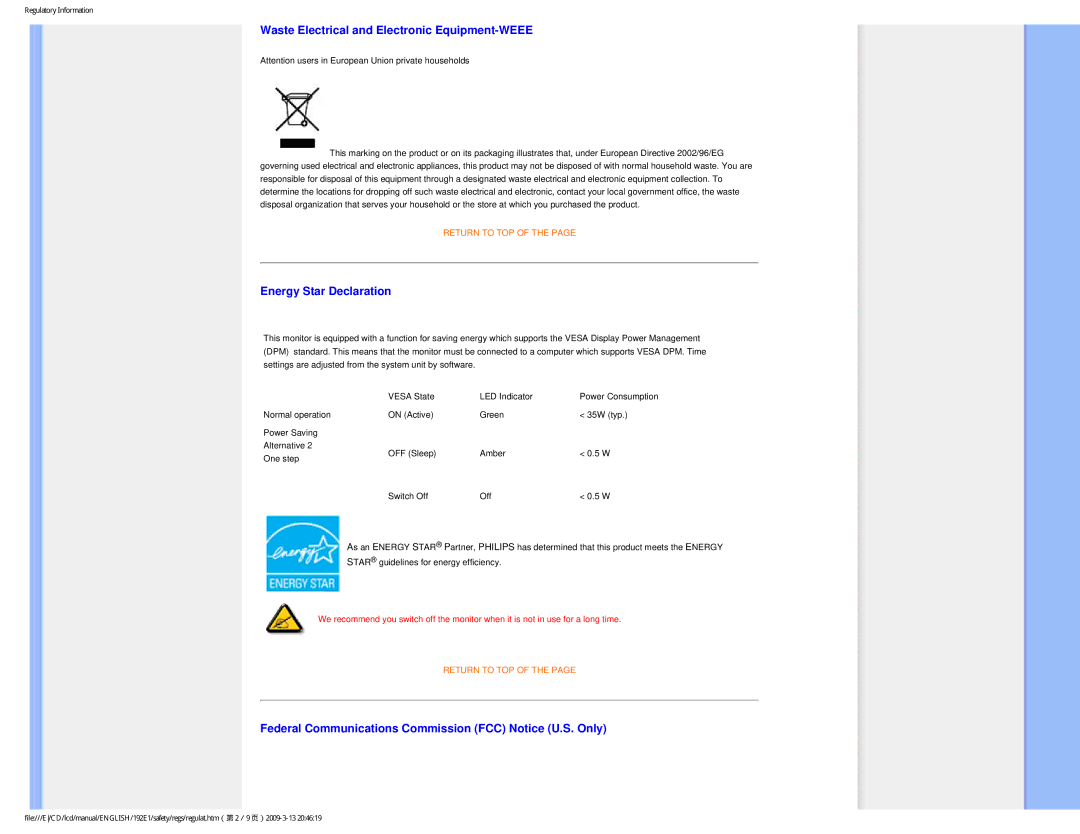 Philips 1.92E+03 user manual Waste Electrical and Electronic Equipment-WEEE, Energy Star Declaration 