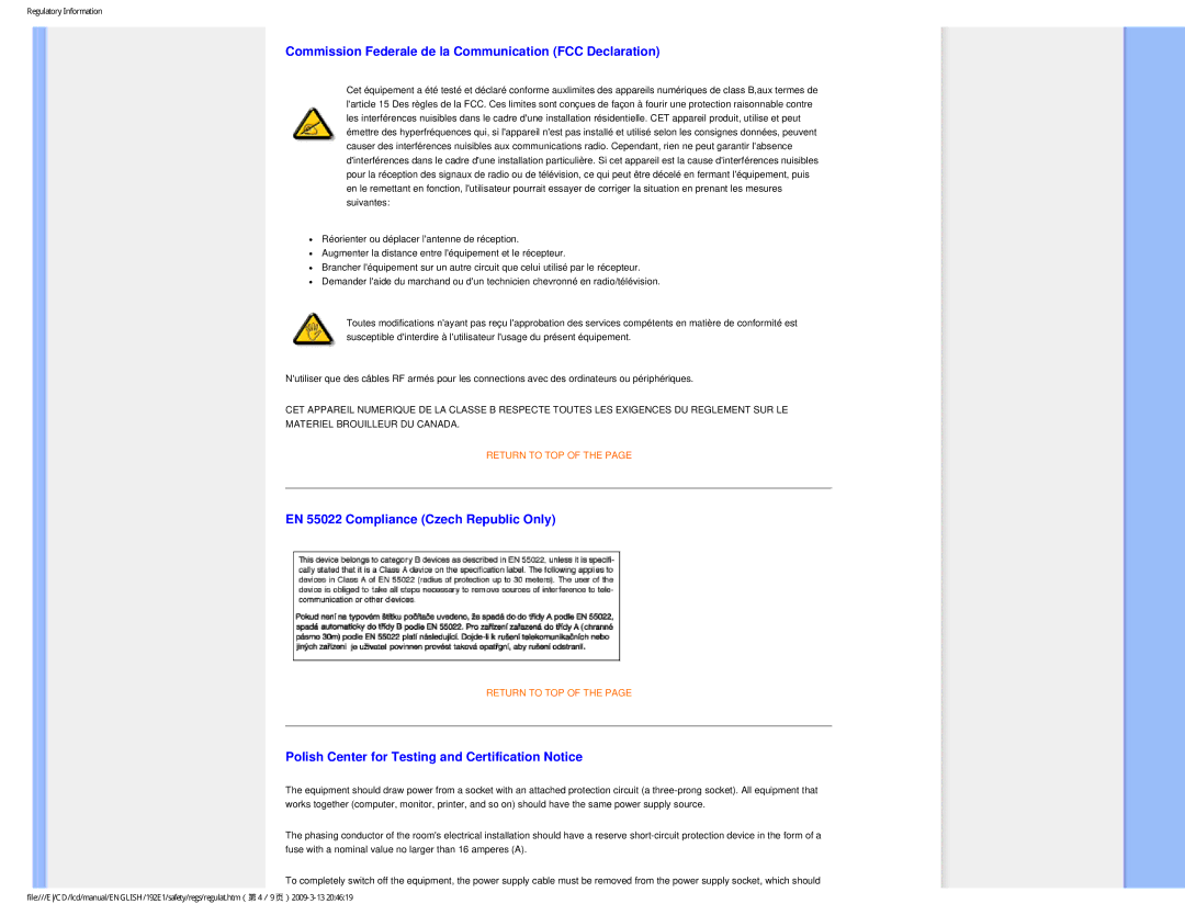 Philips 1.92E+03 Commission Federale de la Communication FCC Declaration, EN 55022 Compliance Czech Republic Only 