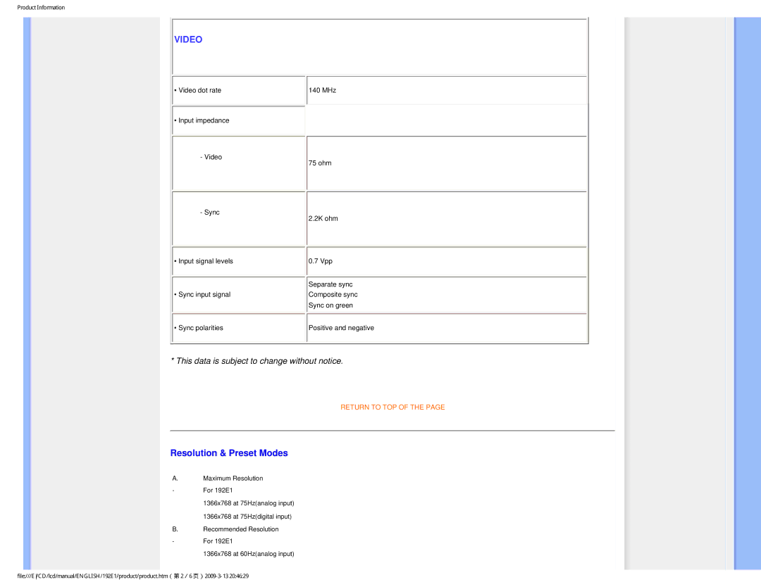 Philips 1.92E+03 user manual Video, Resolution & Preset Modes 