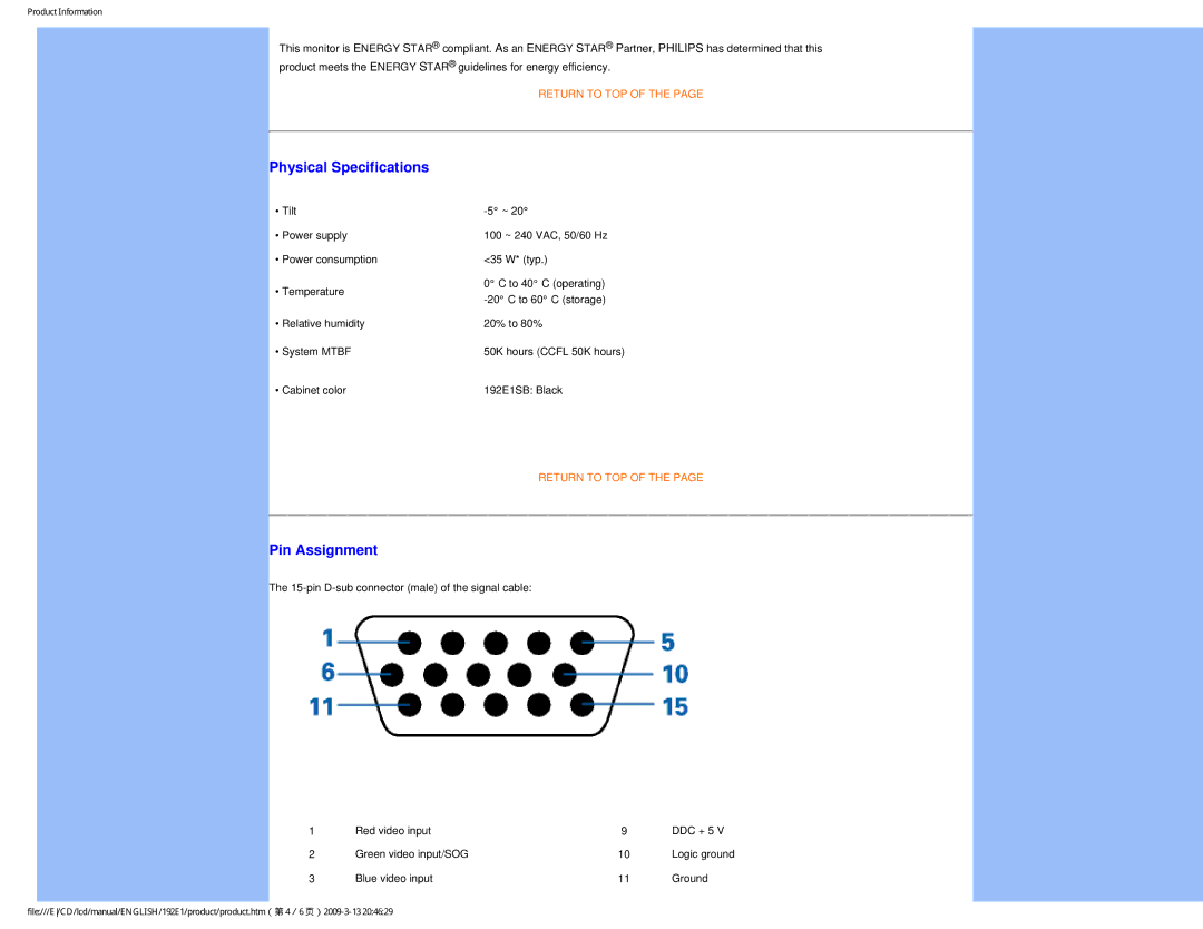 Philips 1.92E+03 user manual Physical Specifications, Pin Assignment 