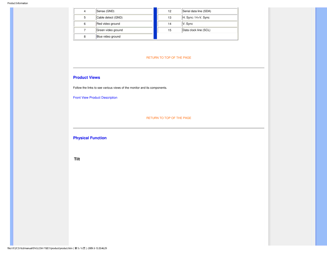 Philips 1.92E+03 user manual Product Views, Physical Function, Tilt 