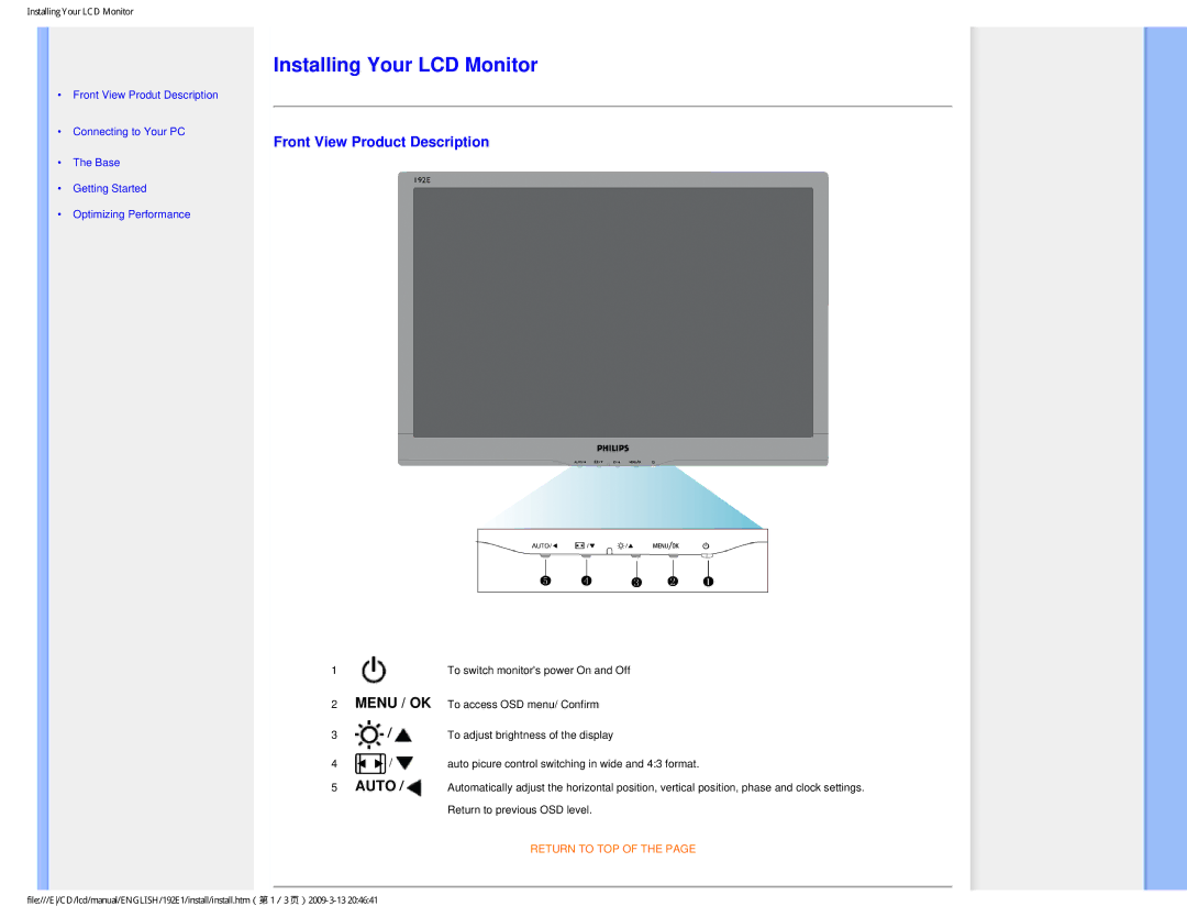 Philips 1.92E+03 user manual Installing Your LCD Monitor, Front View Product Description 