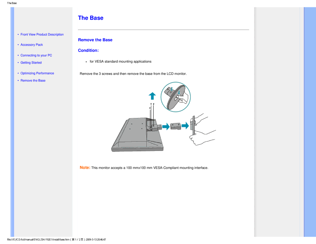 Philips 1.92E+03 user manual Remove the Base Condition 