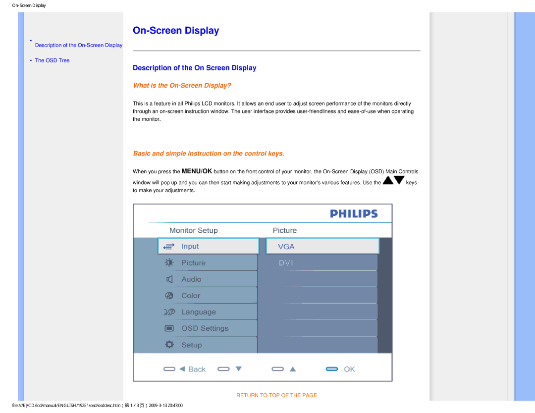 Philips 1.92E+03 user manual On-Screen Display, Description of the On Screen Display 