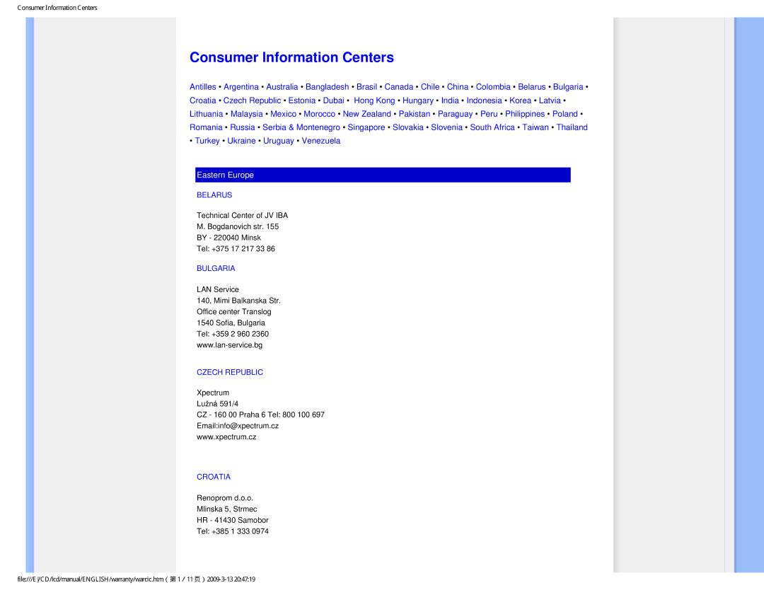 Philips 1.92E+03 user manual Consumer Information Centers, Belarus, Bulgaria, Czech Republic, Croatia 