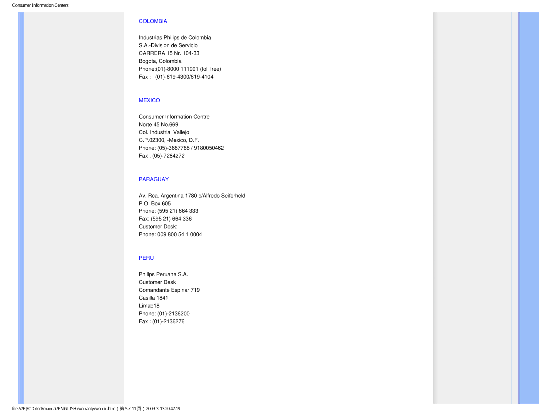 Philips 1.92E+03 user manual Colombia, Mexico, Paraguay, Peru 